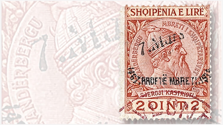 Un francobollo di Skanderbeg 2-qintar per commemorare l'arrivo del principe Guglielmo di Wied in Albania