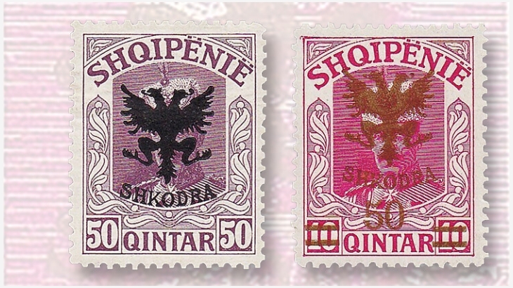 Francobolli sovrastampati "Shkodra" (Scutari) con il simbolo nazionale albanese dell'aquila bicefale che obliterano il viso di Guglielmo di Wied