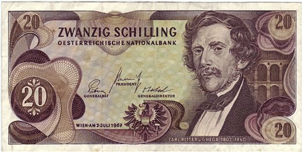 banconota commemorativa da 20 scellini raffigurante da un lato il ritratto di Ghega e dall'altro un ponte della ferrovia del Semmering