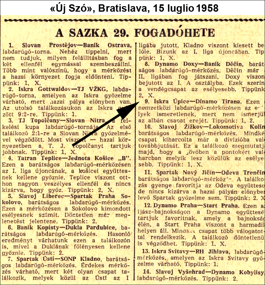 Luglio 1958: la Dinamo Tirana nel totocalcio cecoslovacco3